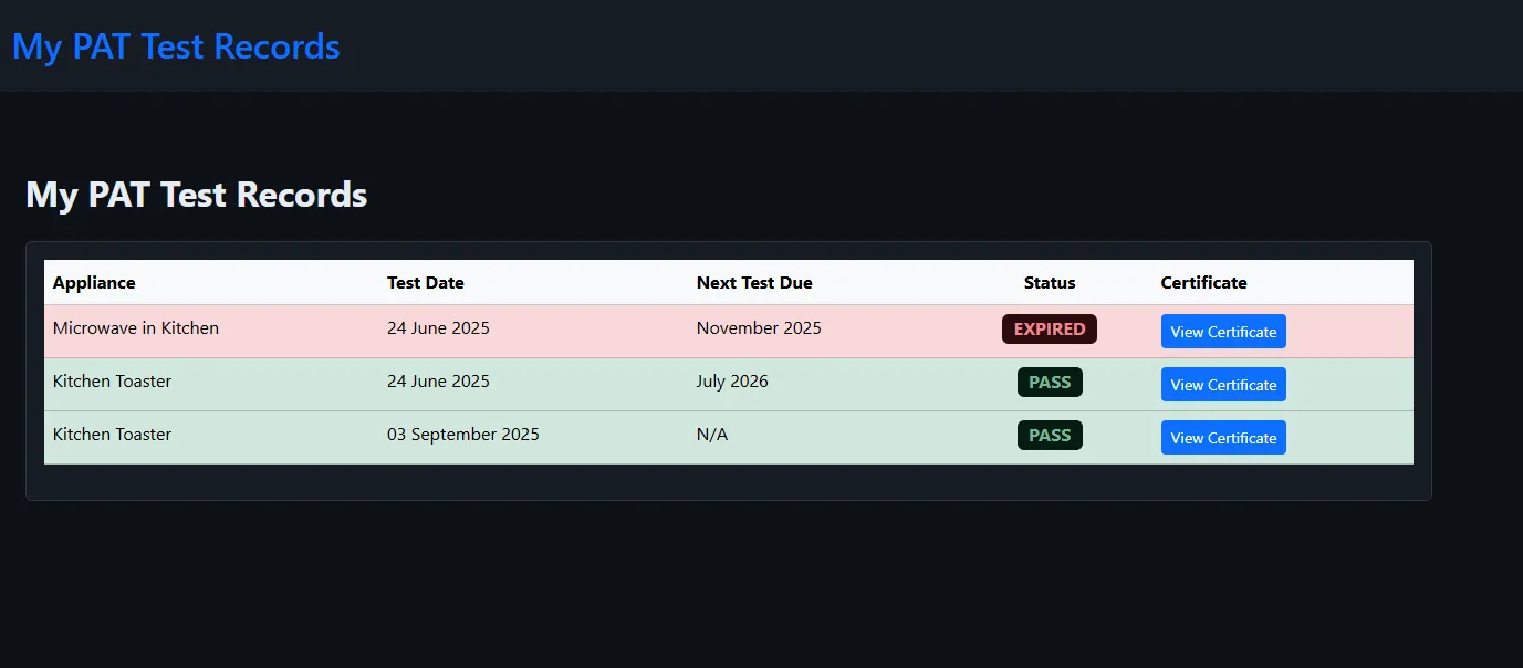 Customer PAT testing portal